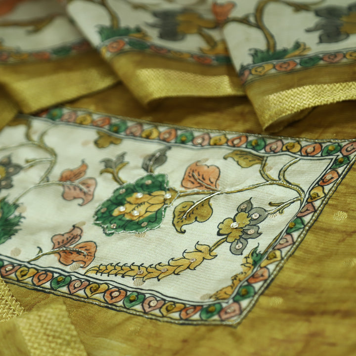 Maharaja Mustard Yellow Spiral with Patra in Kalamkari Print Yoke Art Silk Chanderi Set