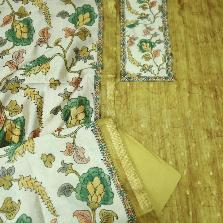 Maharaja Mustard Yellow Spiral with Patra in Kalamkari Print Yoke Art Silk Chanderi Set