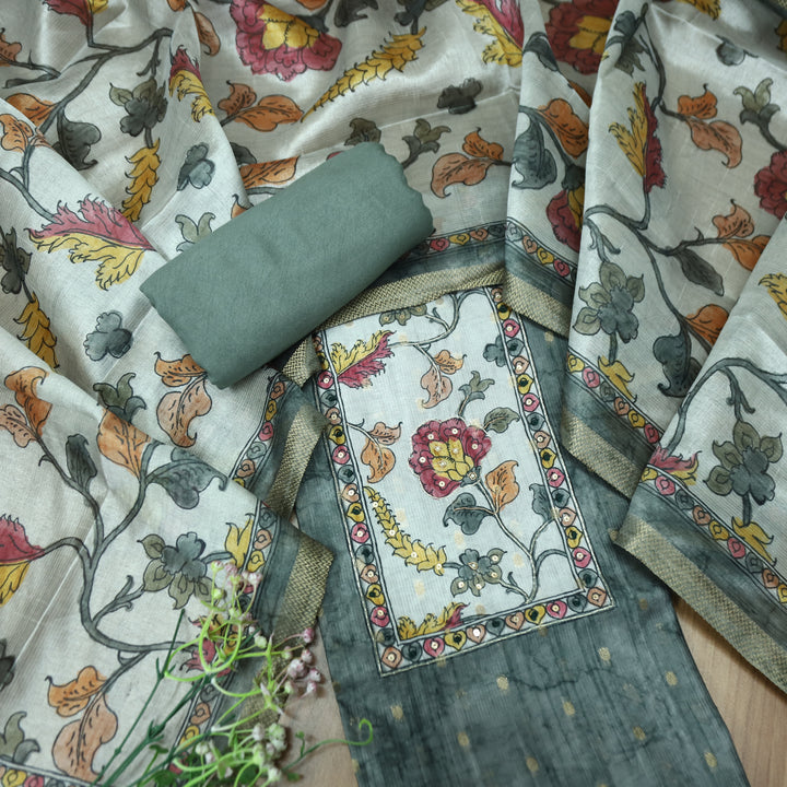 Maharaja Slate Grey Spiral with Patra in Kalamkari Print Yoke Art Silk Chanderi Set