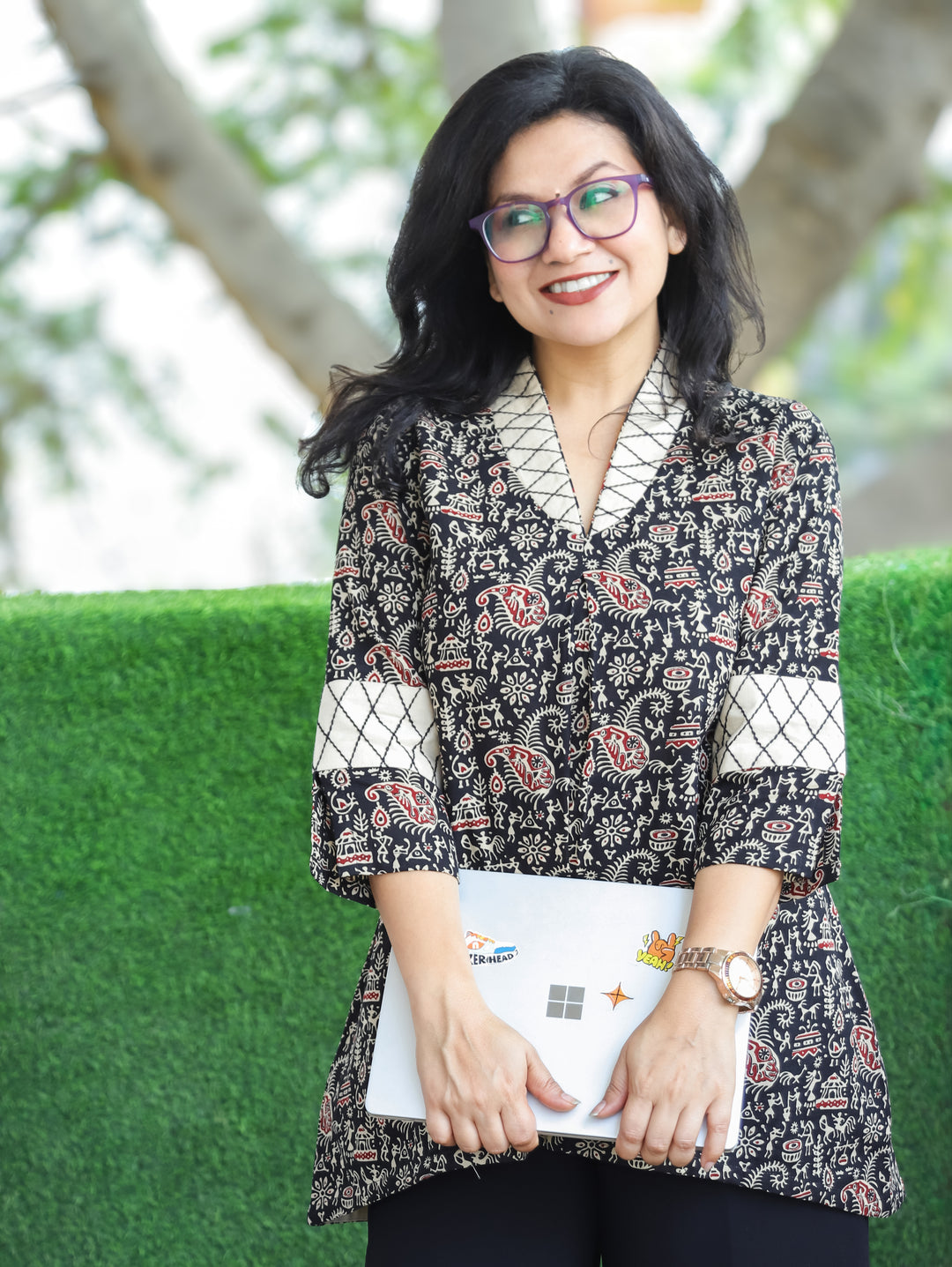 Bani Night Black Sailor Collar Neck Warli Printed Work Short Cotton Kurti