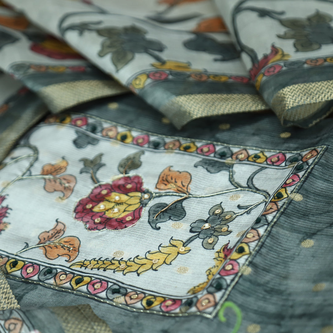Maharaja Slate Grey Spiral with Patra in Kalamkari Print Yoke Art Silk Chanderi Set