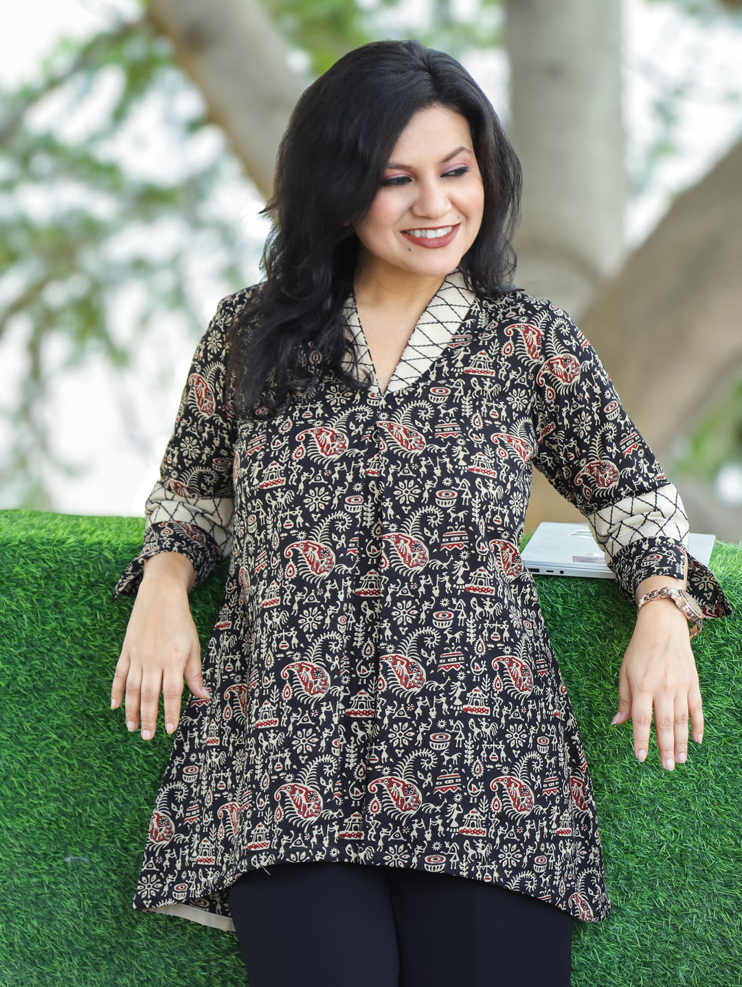 Bani Night Black Sailor Collar Neck Warli Printed Work Short Cotton Kurti