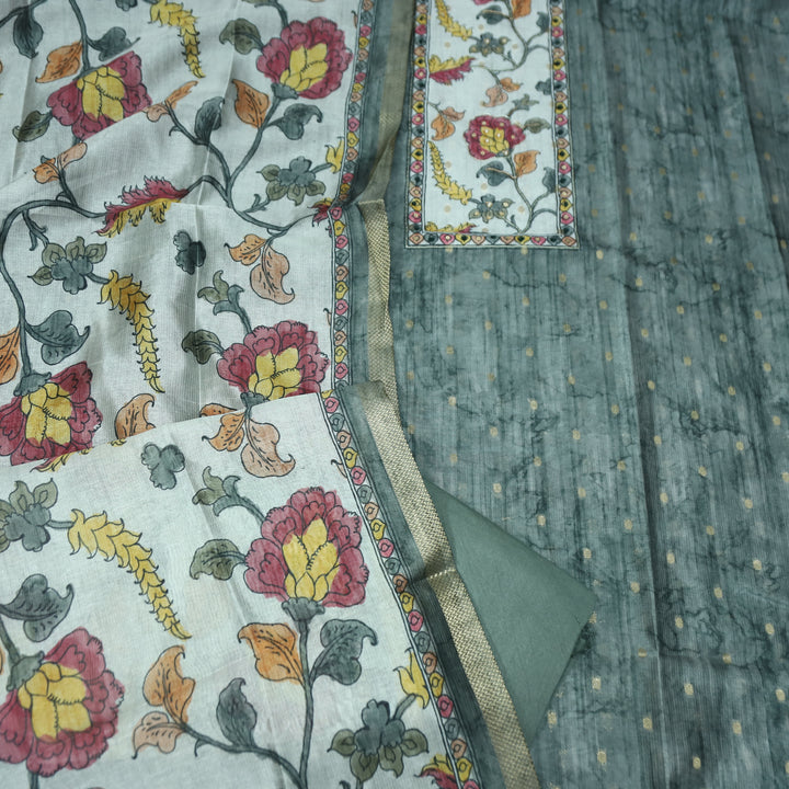 Maharaja Slate Grey Spiral with Patra in Kalamkari Print Yoke Art Silk Chanderi Set