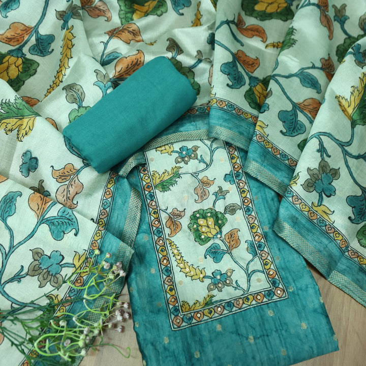 Maharaja Aqua Turquoise Spiral with Patra in Kalamkari Print Yoke Art Silk Chanderi Set