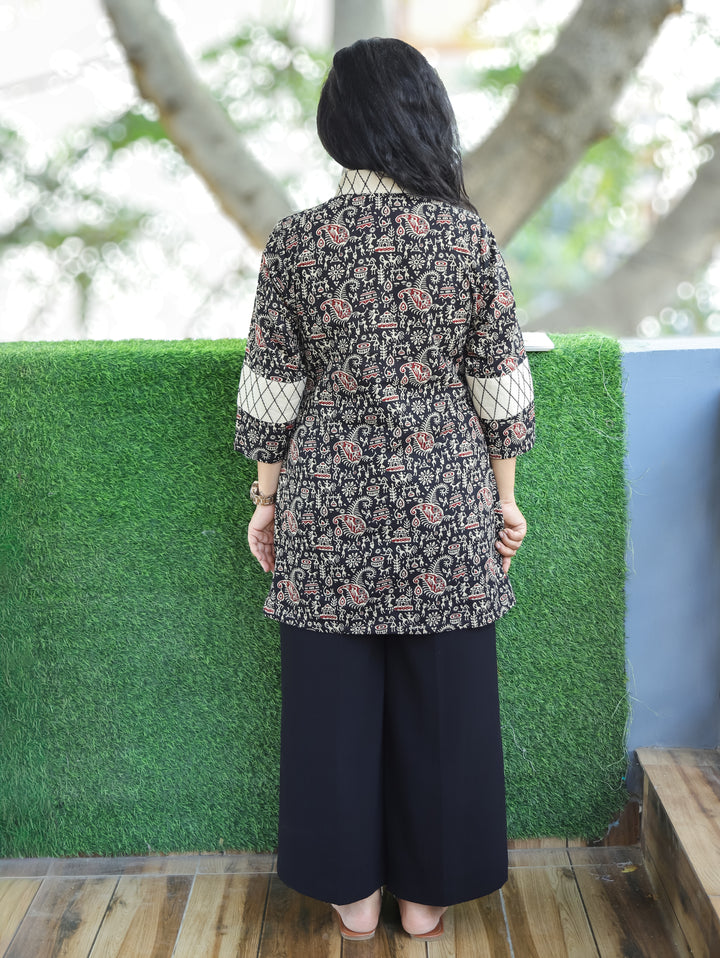 Bani Night Black Sailor Collar Neck Warli Printed Work Short Cotton Kurti