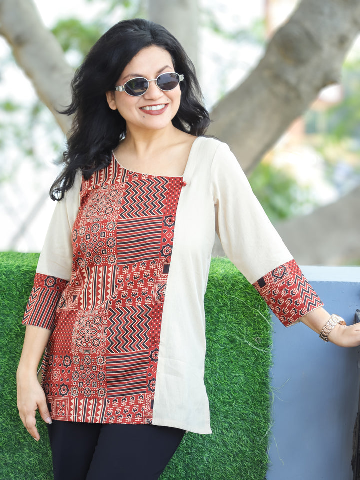 Maya White Square Neck with Red Ajrak Printed Potli Button Side Panel Short Cotton Kurti