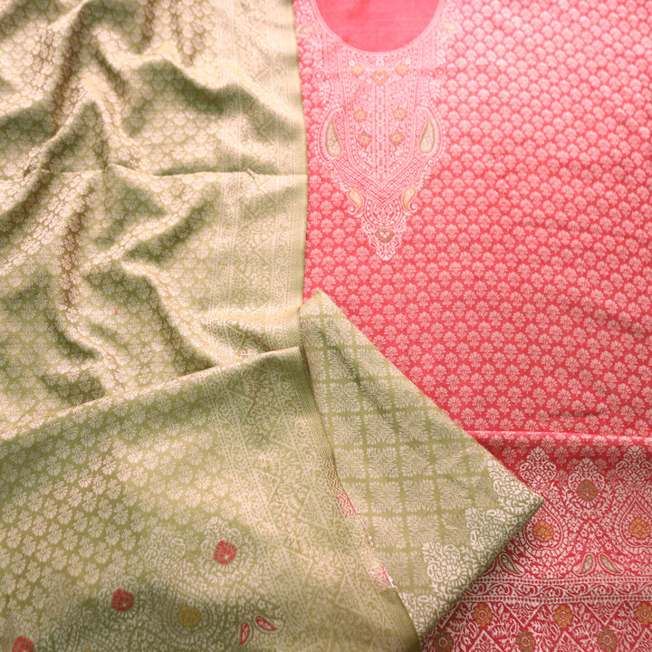 रोशनी Tomato Red All Over Zari Weaved in Semi Pashmina Winter Suit Set