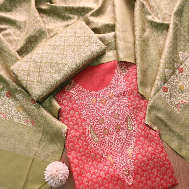 रोशनी Tomato Red All Over Zari Weaved in Semi Pashmina Winter Suit Set