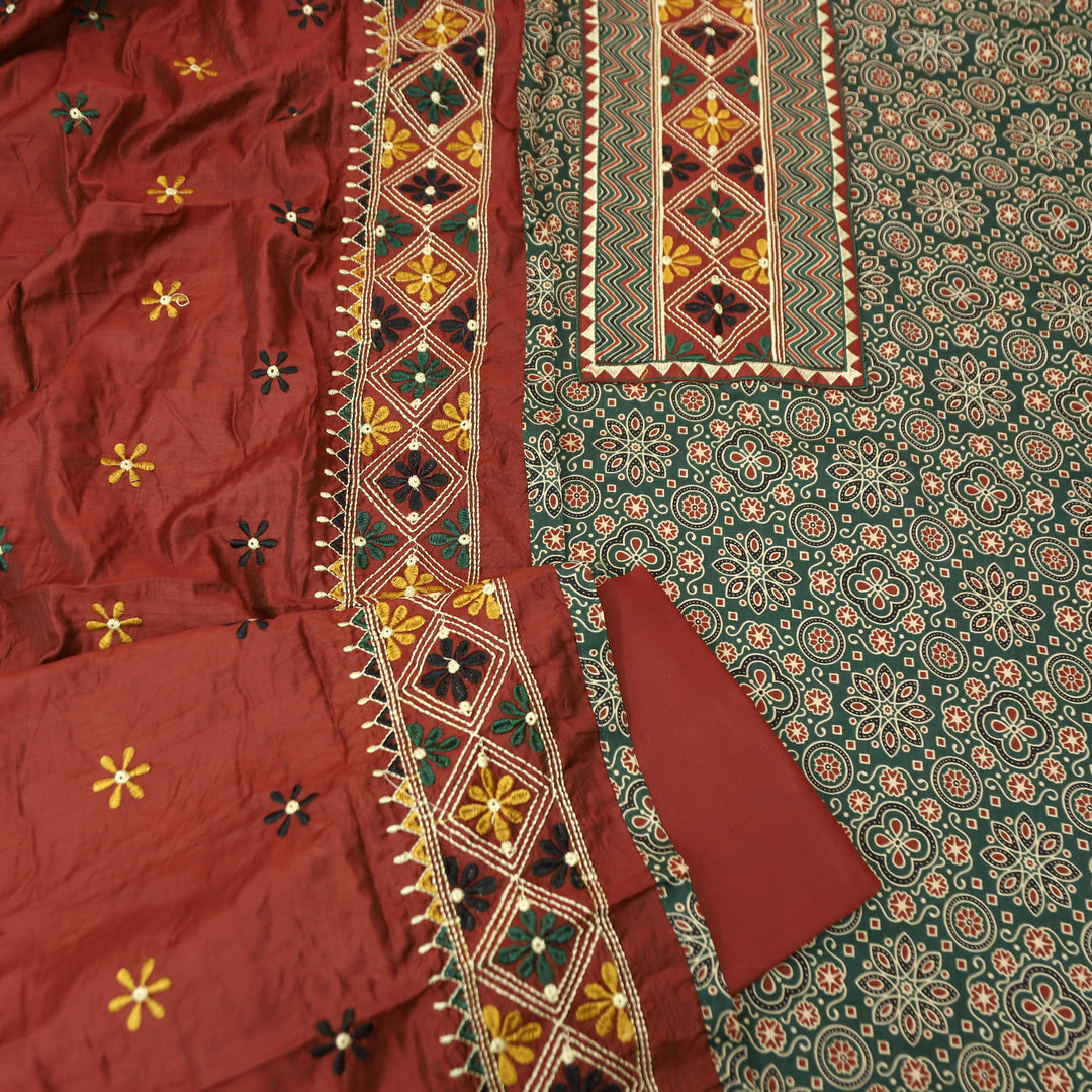 Maurya Sacramento Green Embroidered Neck Yoke with Ajrak Print Cotton Set