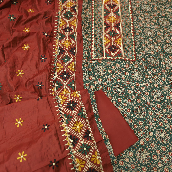 Maurya Sacramento Green Embroidered Neck Yoke with Ajrak Print Cotton Set