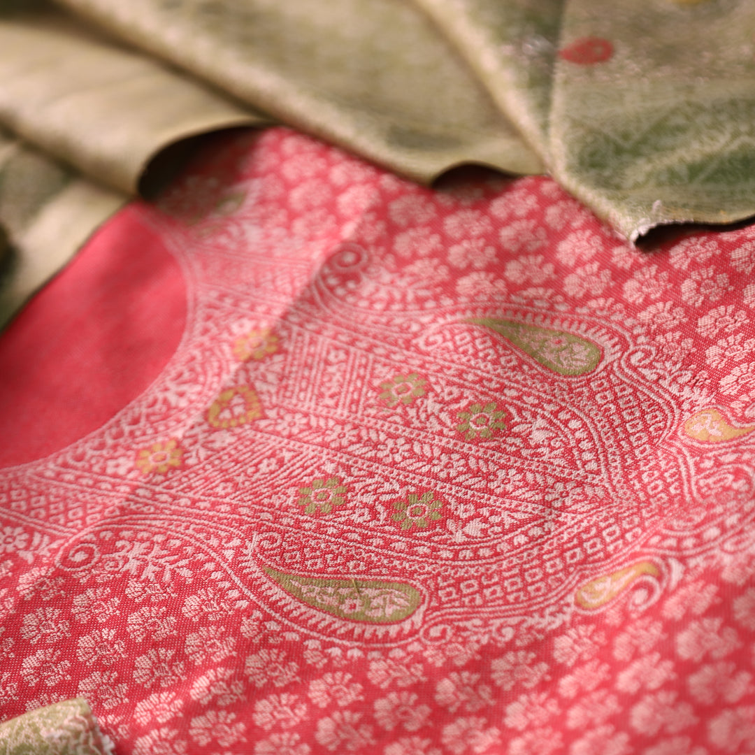 रोशनी Tomato Red All Over Zari Weaved in Semi Pashmina Winter Suit Set