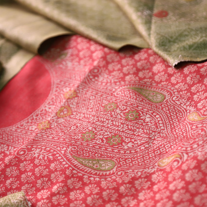 रोशनी Tomato Red All Over Zari Weaved in Semi Pashmina Winter Suit Set