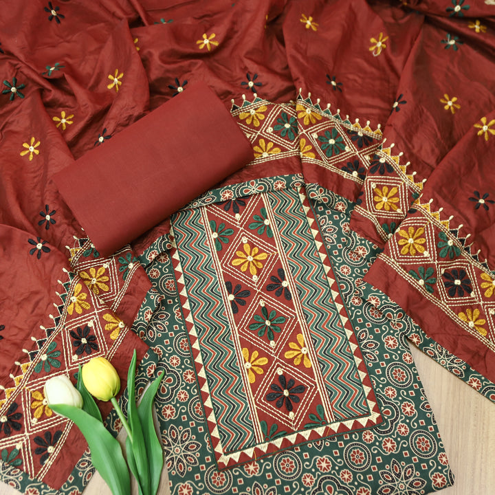 Maurya Sacramento Green Embroidered Neck Yoke with Ajrak Print Cotton Set
