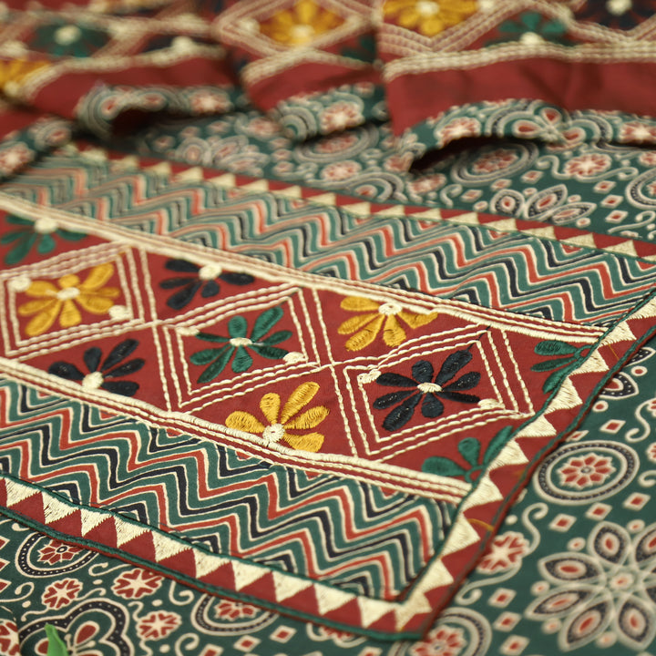 Maurya Sacramento Green Embroidered Neck Yoke with Ajrak Print Cotton Set
