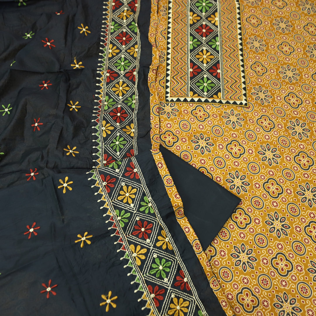 Maurya Dandelion Yellow Embroidered Neck Yoke with Ajrak Print Cotton Set