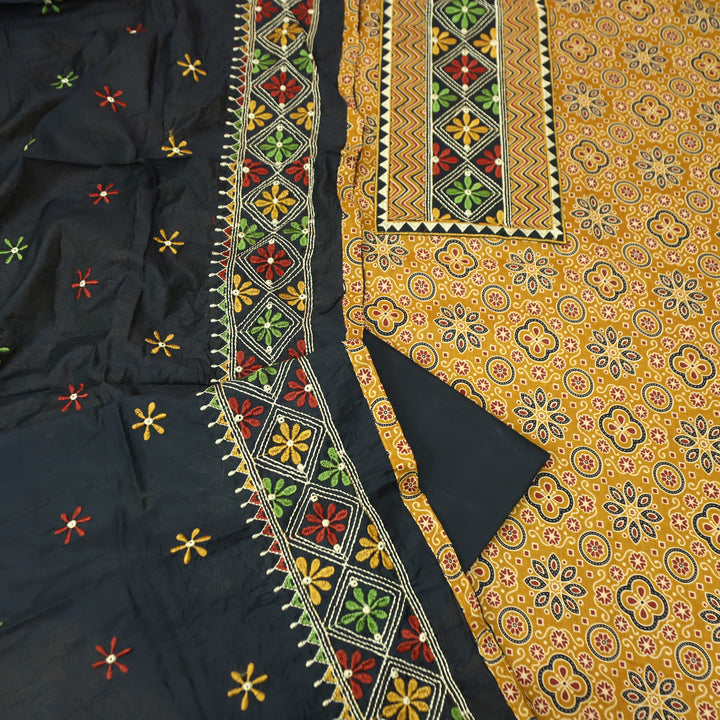 Maurya Dandelion Yellow Embroidered Neck Yoke with Ajrak Print Cotton Set