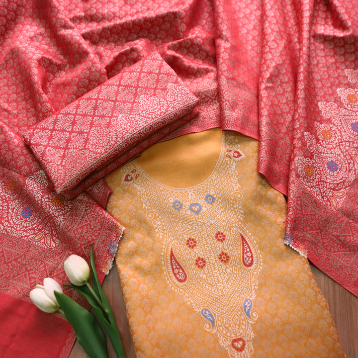 रोशनी Turmeric Yellow All Over Zari Weaved in Semi Pashmina Winter Suit Set