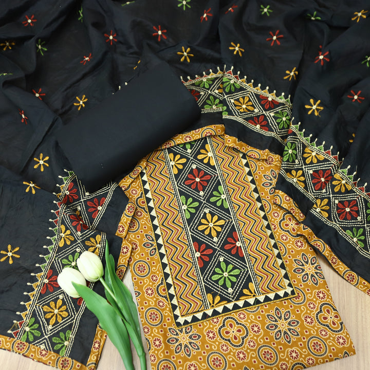 Maurya Dandelion Yellow Embroidered Neck Yoke with Ajrak Print Cotton Set