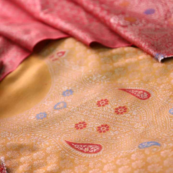 रोशनी Turmeric Yellow All Over Zari Weaved in Semi Pashmina Winter Suit Set