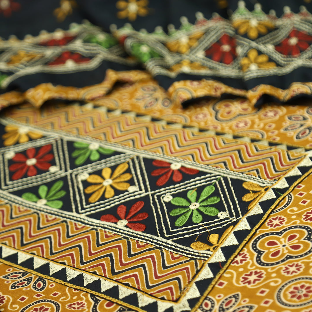 Maurya Dandelion Yellow Embroidered Neck Yoke with Ajrak Print Cotton Set