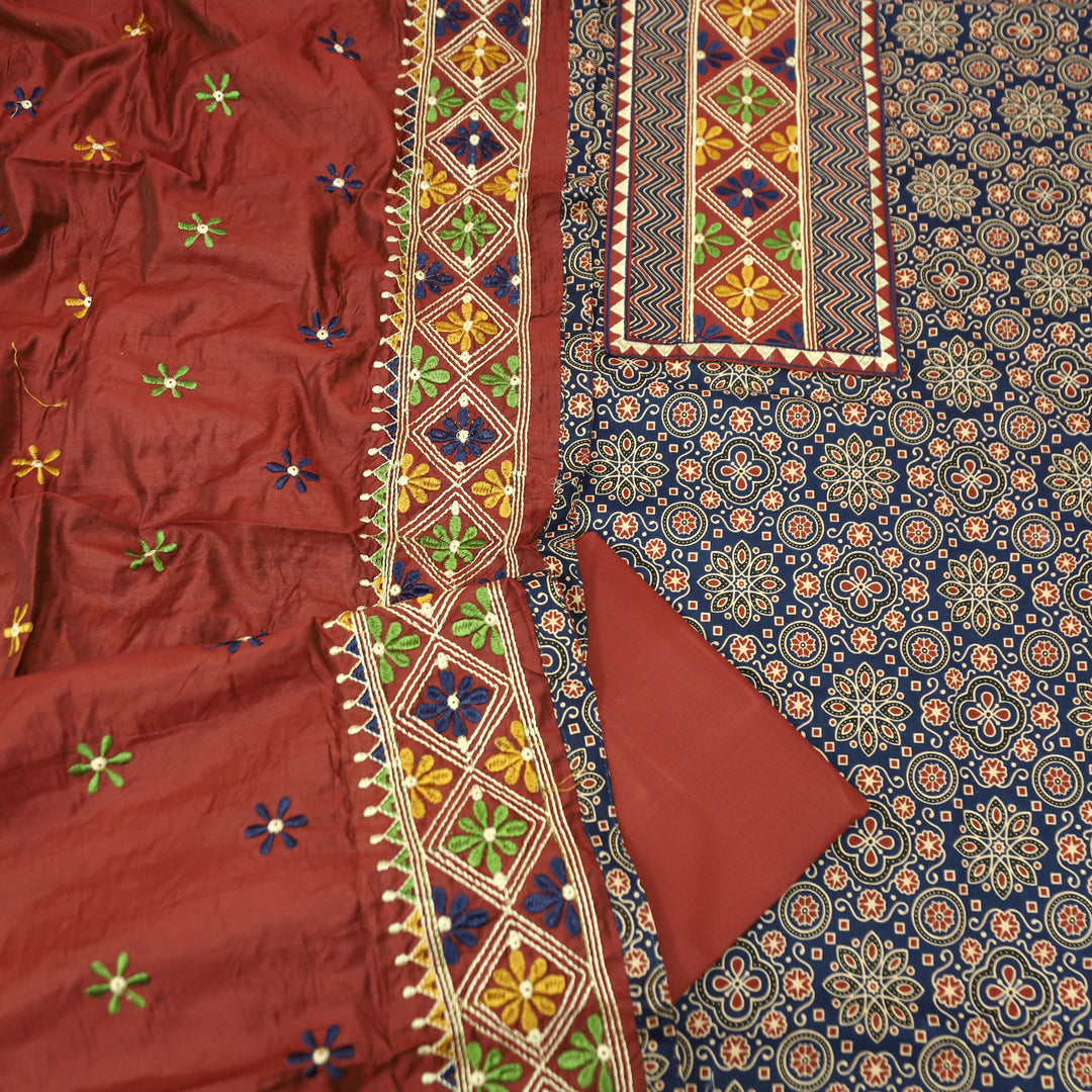 Maurya Denim Blue Embroidered Neck Yoke with Ajrak Print Cotton Set