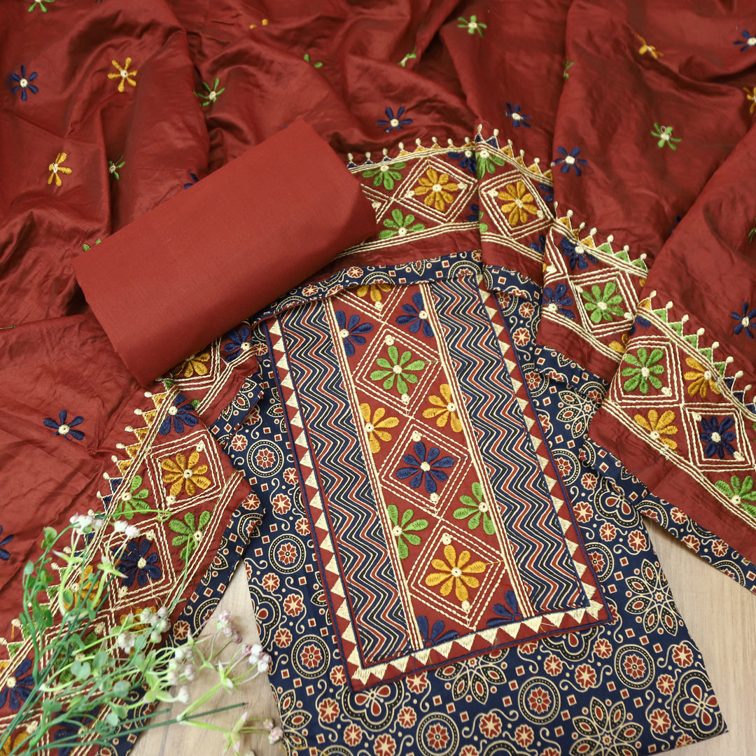Maurya Denim Blue Embroidered Neck Yoke with Ajrak Print Cotton Set