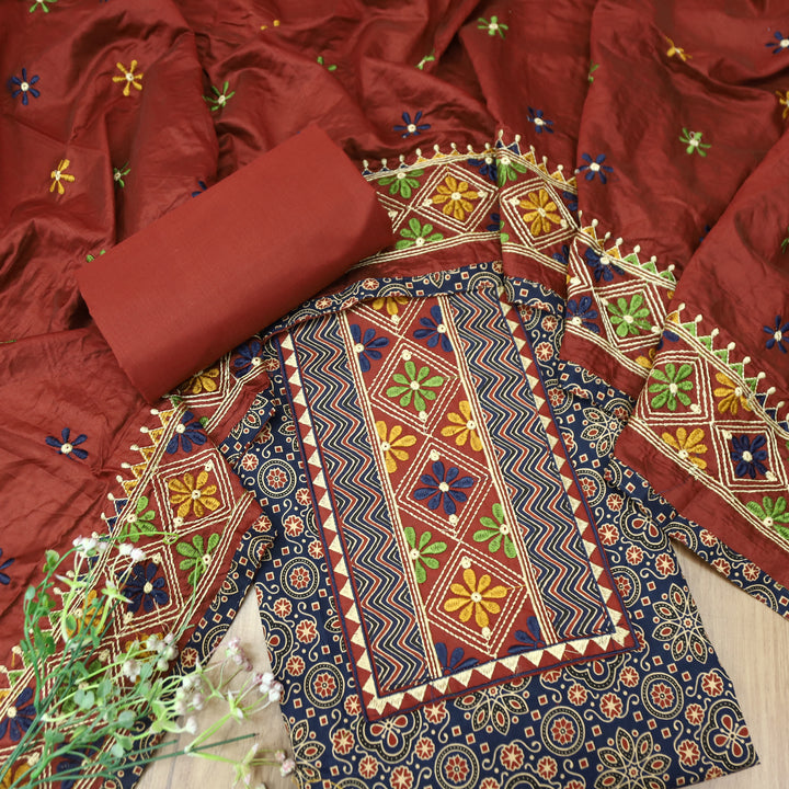 Maurya Denim Blue Embroidered Neck Yoke with Ajrak Print Cotton Set