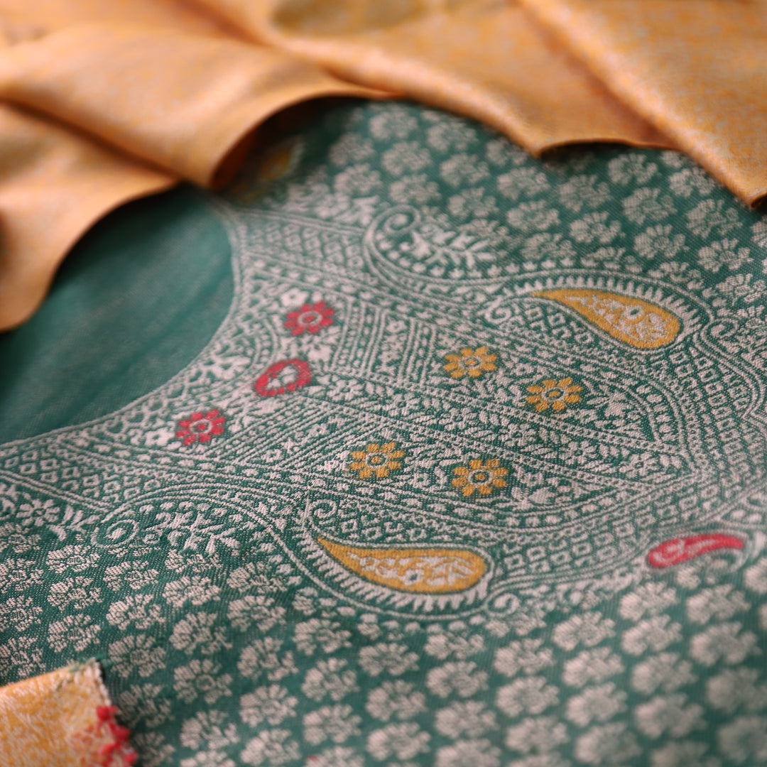 रोशनी Dark Green All Over Zari Weaved in Semi Pashmina Winter Suit Set