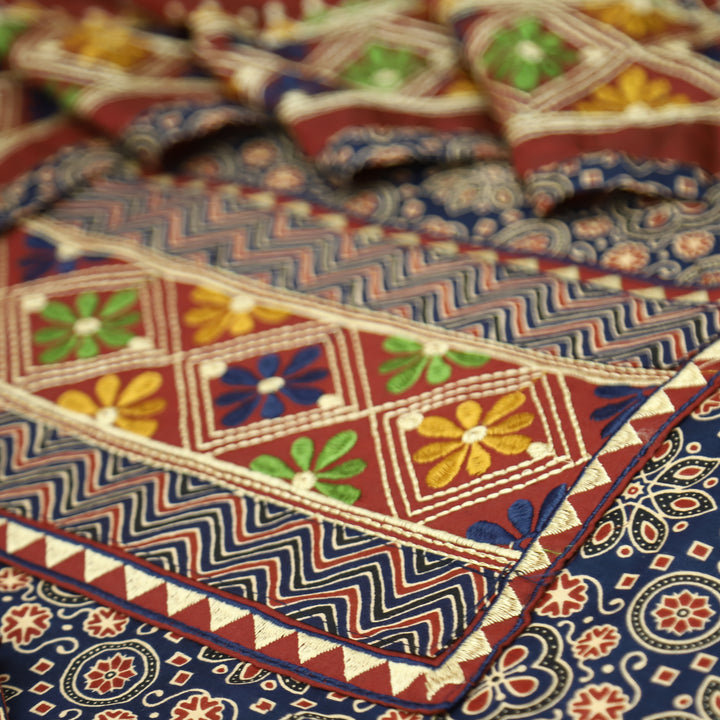 Maurya Denim Blue Embroidered Neck Yoke with Ajrak Print Cotton Set