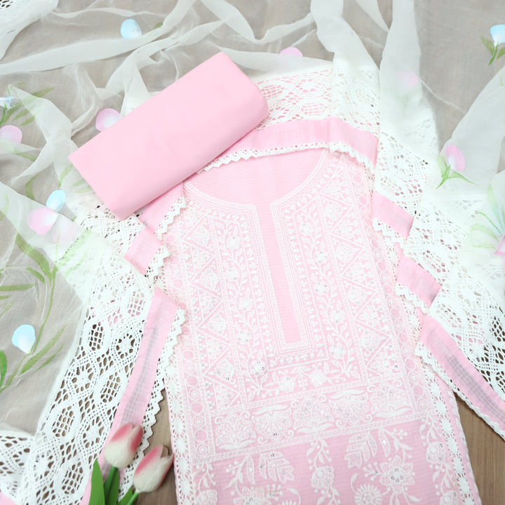 Khawaba Frosty Pink All Over Thread Embroidered Neck Work Kota Doriya Suit Set