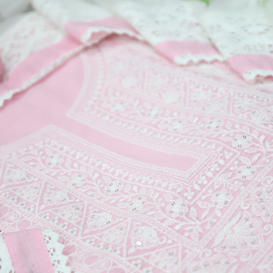 Khawaba Frosty Pink All Over Thread Embroidered Neck Work Kota Doriya Suit Set