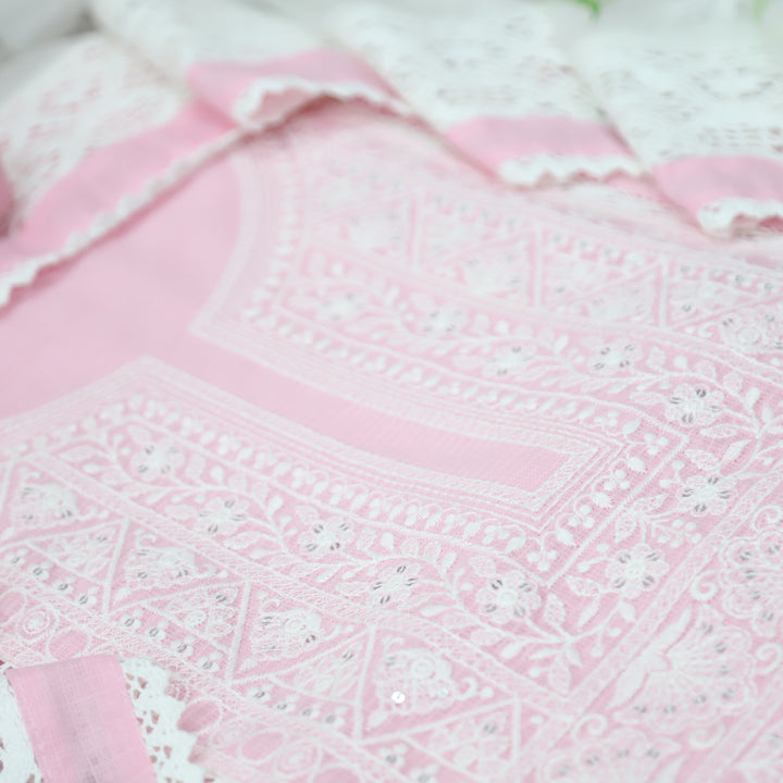 Khawaba Frosty Pink All Over Thread Embroidered Neck Work Kota Doriya Suit Set