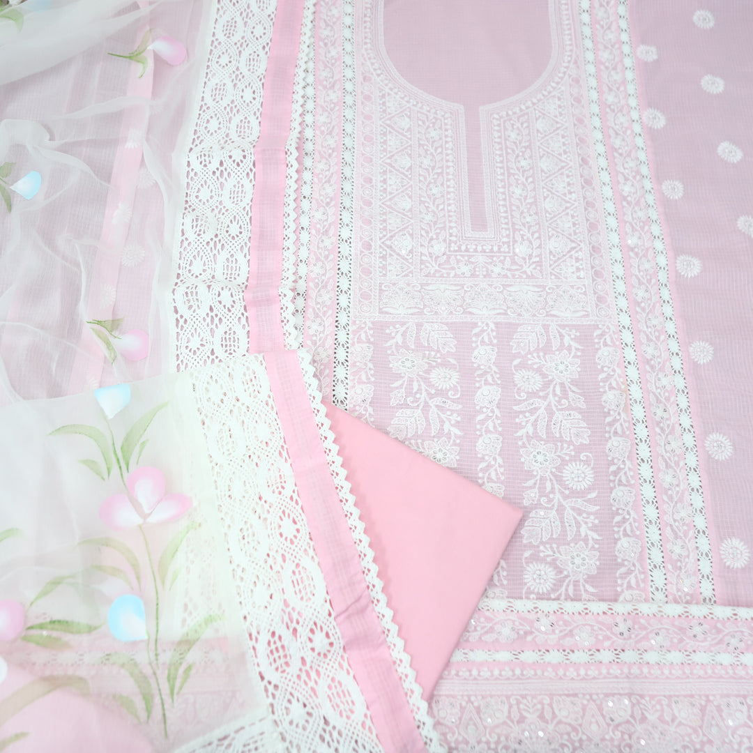 Khawaba Frosty Pink All Over Thread Embroidered Neck Work Kota Doriya Suit Set