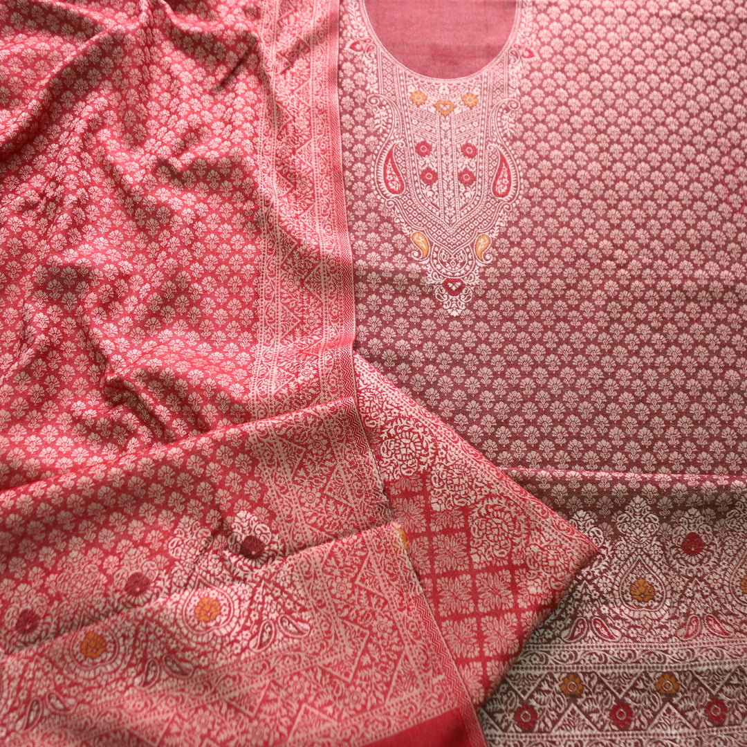 रोशनी Blush Mauve All Over Zari Weaved in Semi Pashmina Winter Suit Set