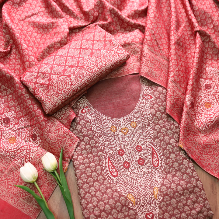 रोशनी Blush Mauve All Over Zari Weaved in Semi Pashmina Winter Suit Set