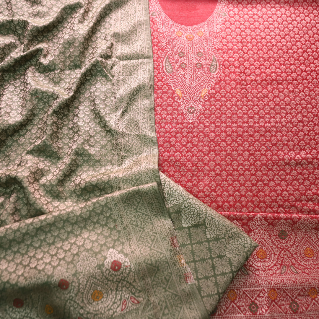 रोशनी Maroon Red All Over Zari Weaved in Semi Pashmina Winter Suit Set