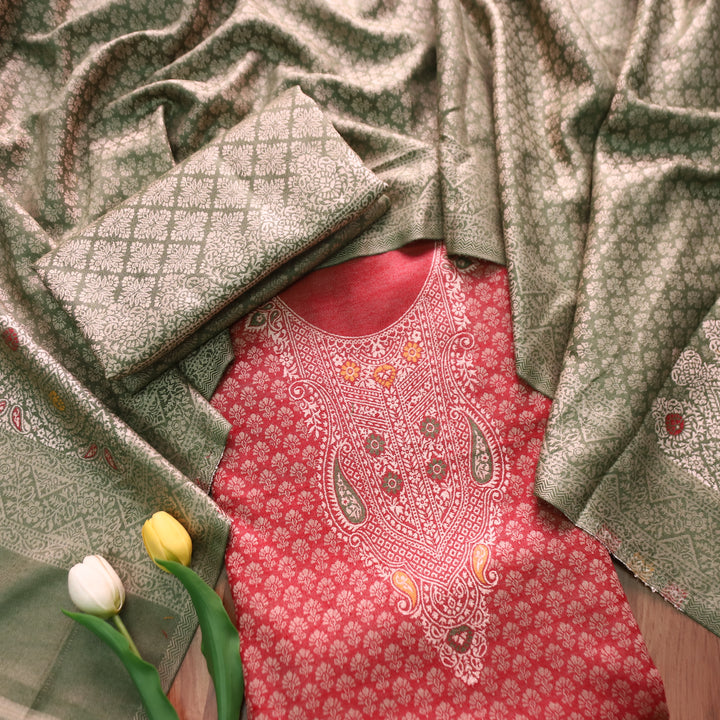 रोशनी Maroon Red All Over Zari Weaved in Semi Pashmina Winter Suit Set