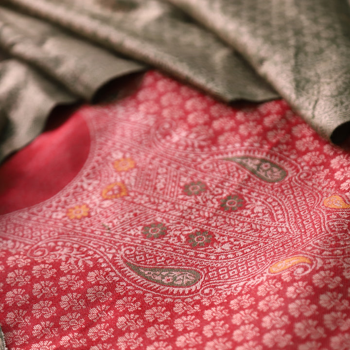 रोशनी Maroon Red All Over Zari Weaved in Semi Pashmina Winter Suit Set