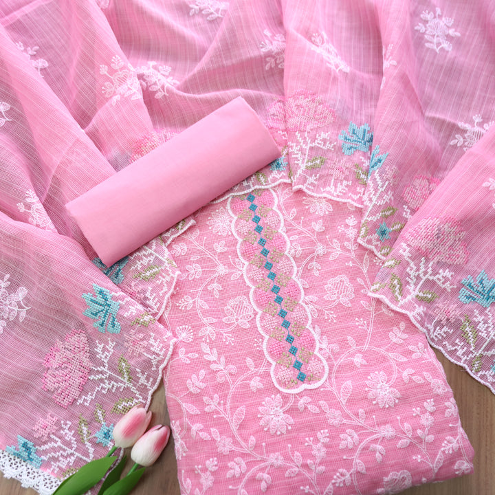 Khayal Candy Pink All Over Thread Embroidered Work Kota Doriya Suit Set