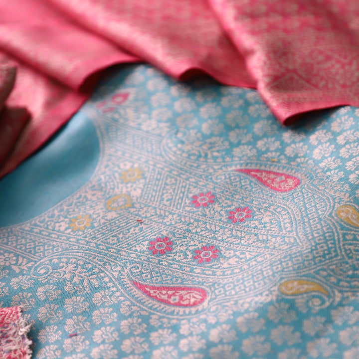 रोशनी Aqua Sea Blue All Over Zari Weaved in Semi Pashmina Winter Suit Set