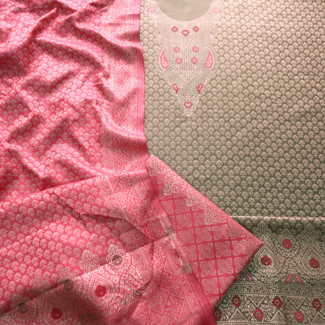 रोशनी Fern MInt Green All Over Zari Weaved in Semi Pashmina Winter Suit Set