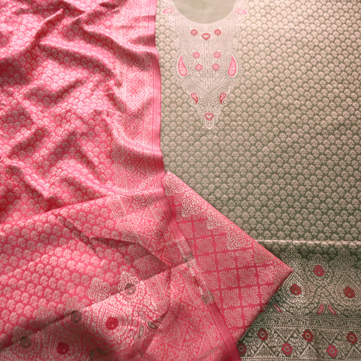 रोशनी Fern MInt Green All Over Zari Weaved in Semi Pashmina Winter Suit Set