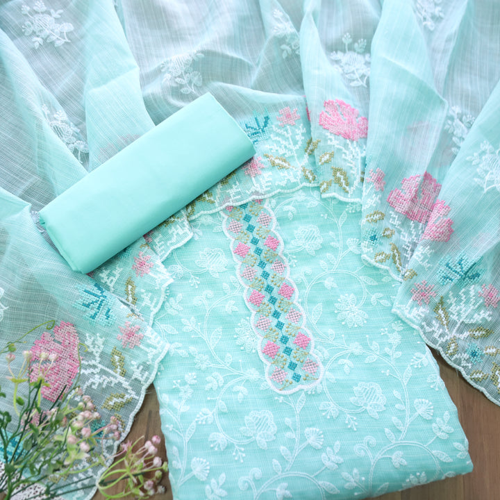 Khayal Sea Form Blue All Over Thread Embroidered Work Kota Doriya Suit Set