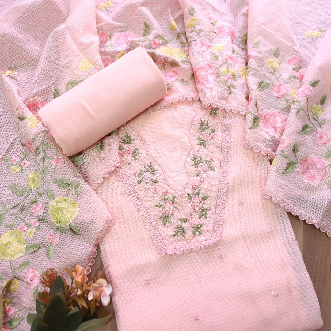 Geet Pumpkin Peach V Neck Lace with Pearl Patch Work Kota Doriya Suit Set