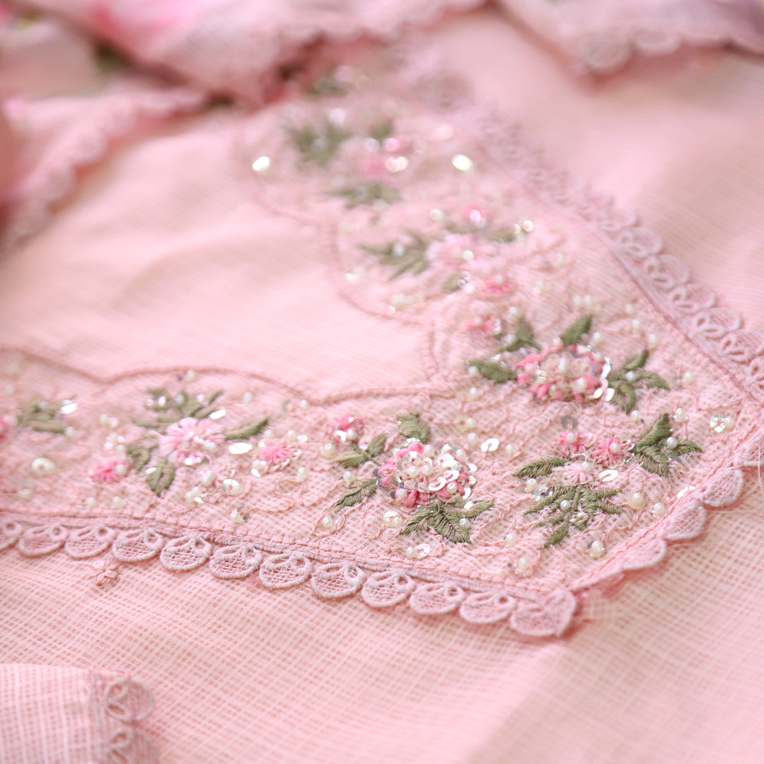 Geet Pumpkin Peach V Neck Lace with Pearl Patch Work Kota Doriya Suit Set