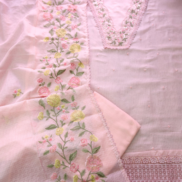 Geet Pumpkin Peach V Neck Lace with Pearl Patch Work Kota Doriya Suit Set