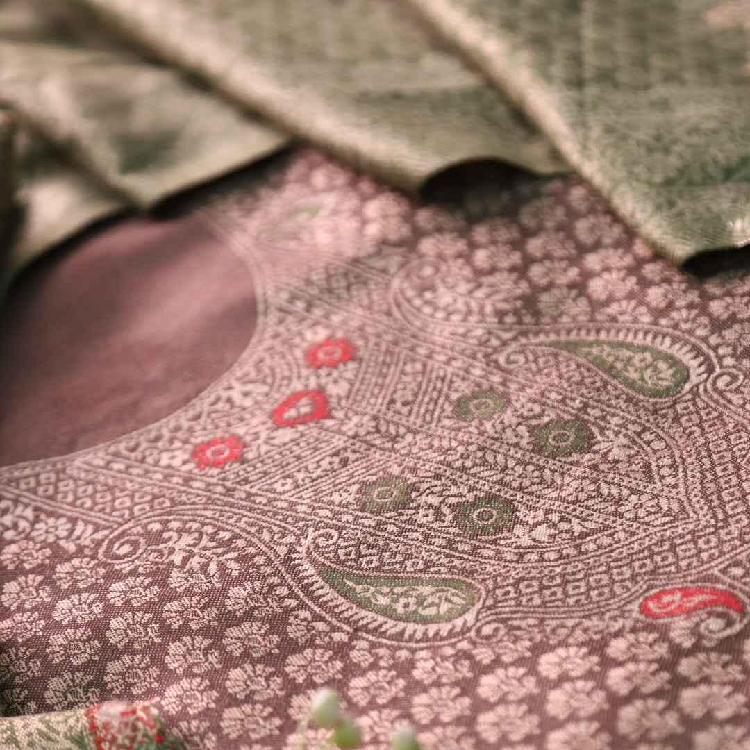 रोशनी Browine Choco All Over Zari Weaved in Semi Pashmina Winter Suit Set