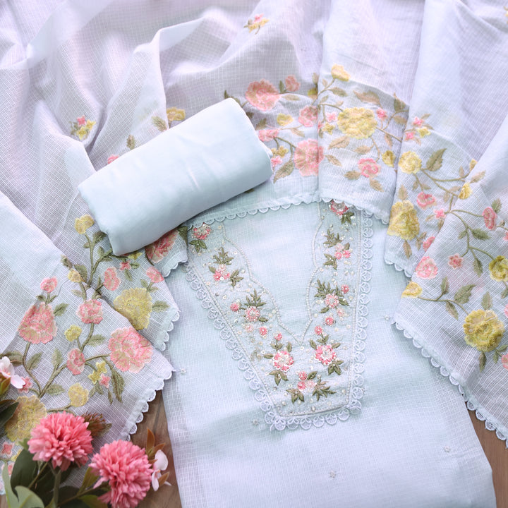 Geet Sky Cloud Grey V Neck Lace with Pearl Patch Work Kota Doriya Suit Set