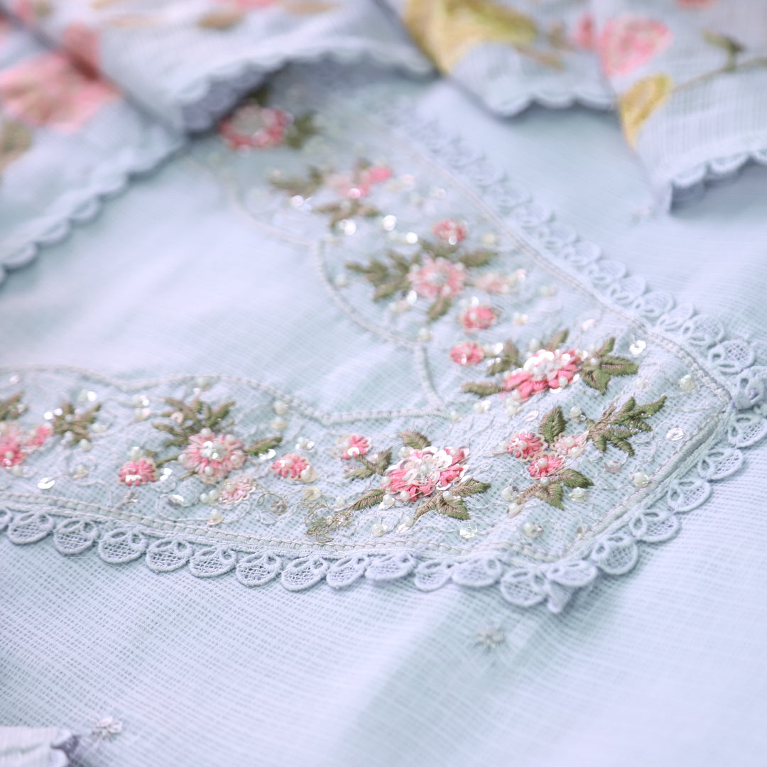 Geet Sky Cloud Grey V Neck Lace with Pearl Patch Work Kota Doriya Suit Set