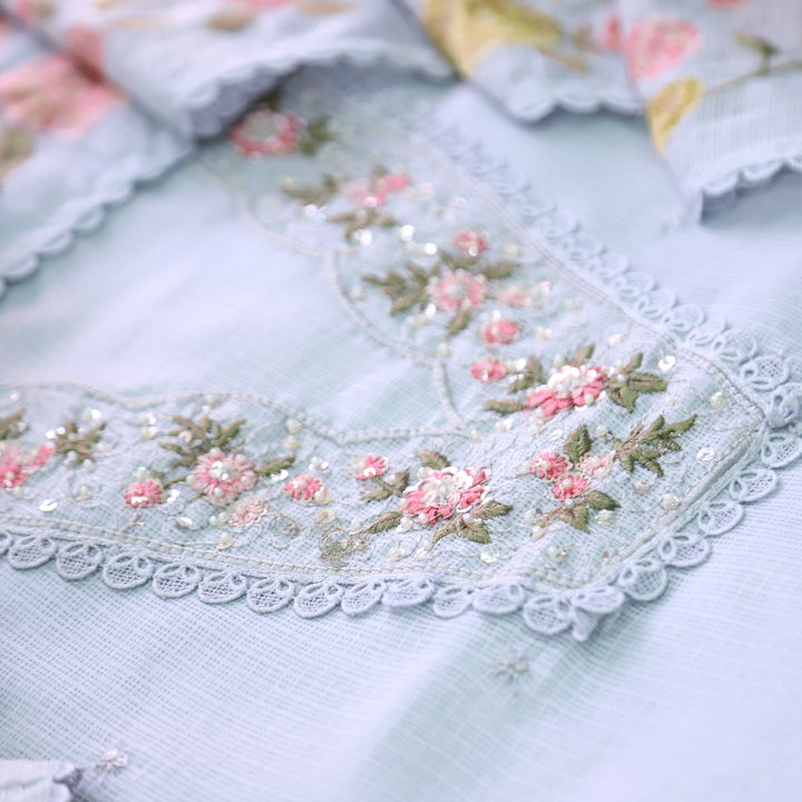 Geet Sky Cloud Grey V Neck Lace with Pearl Patch Work Kota Doriya Suit Set